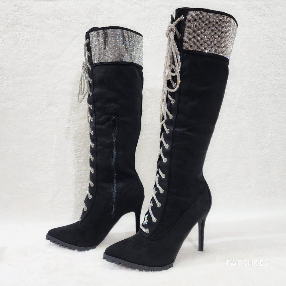 Queens FX Suede & Rhinestone Pointy Toe High Heels Stiletto Lace Up Knee Boots